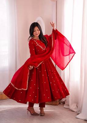 Premium red heavy neck embroidery anarkali suit set with dupatta & pant 3