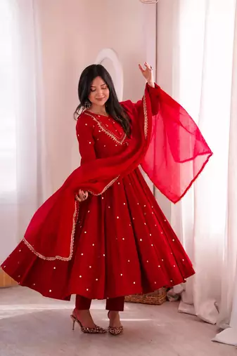 Premium red heavy neck embroidery anarkali suit set with dupatta & pant