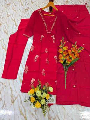 Women's red chanderi embroidered straight kurta set with dupatta and pant 2