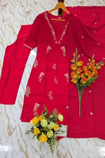 Women's red chanderi embroidered straight kurta set with dupatta and pant