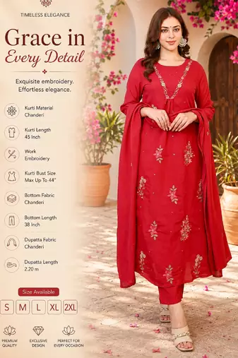 Women's red chanderi embroidered straight kurta set with dupatta and pant