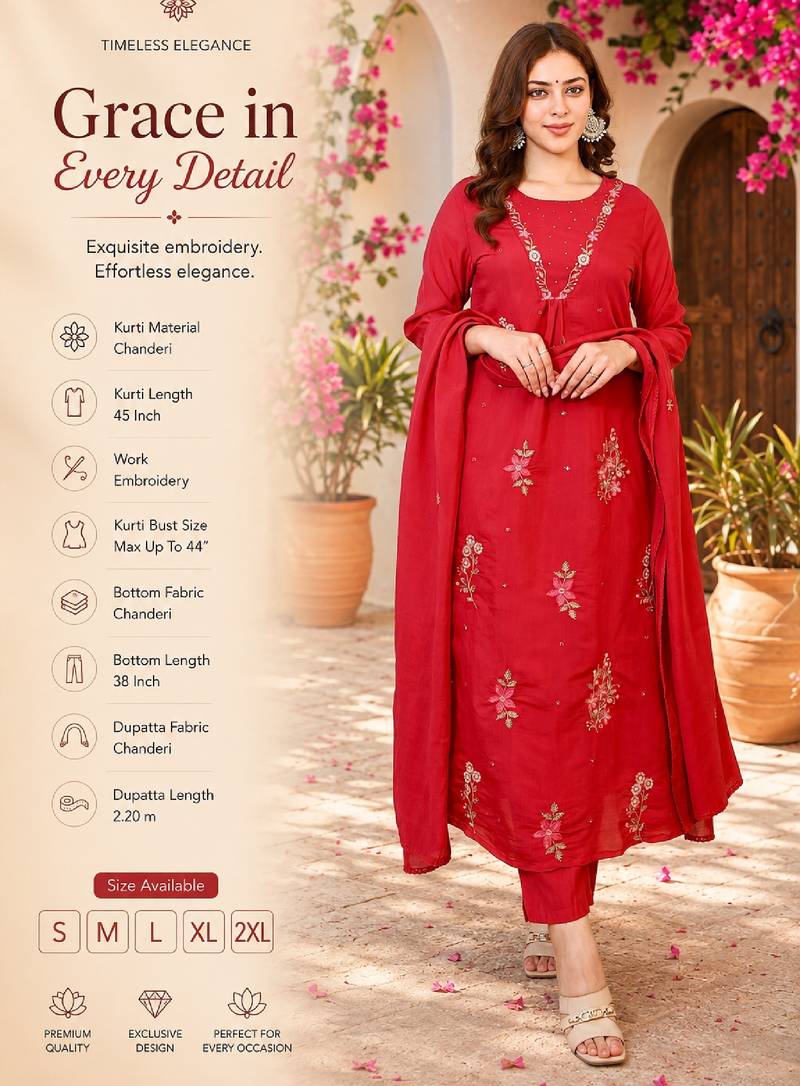 Women's red chanderi embroidered straight kurta set with dupatta and pant
