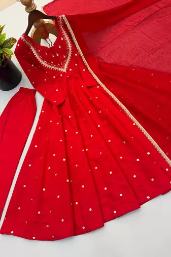 Premium red heavy neck embroidery anarkali suit set with dupatta & pant