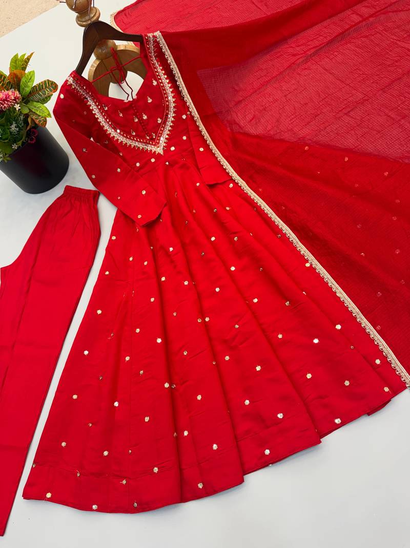 Premium red heavy neck embroidery anarkali suit set with dupatta & pant
