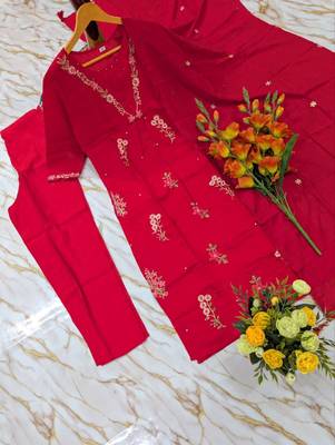 Women's red chanderi embroidered straight kurta set with dupatta and pant 3