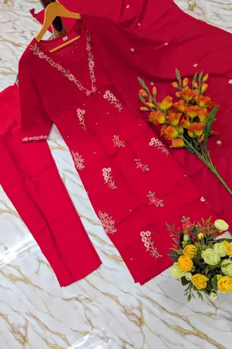 Women's red chanderi embroidered straight kurta set with dupatta and pant