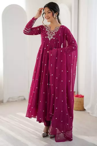 Rani pink mirror & sequence work georgette anarkali suit set