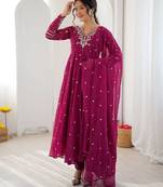 Rani pink mirror & sequence work georgette anarkali suit set