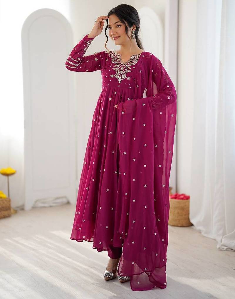 Rani pink mirror & sequence work georgette anarkali suit set