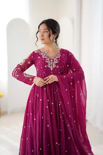 Rani pink mirror & sequence work georgette anarkali suit set