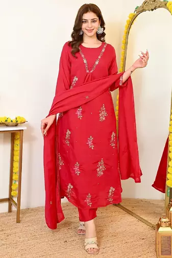 Women's red chanderi embroidered straight kurta set with dupatta and pant
