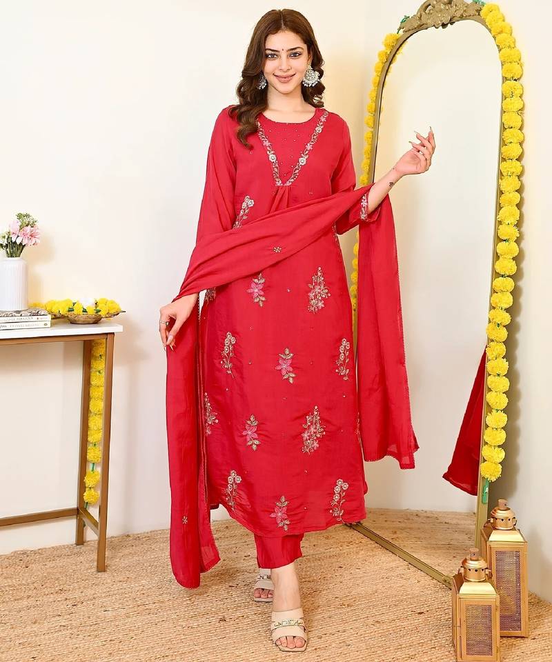 Women's red chanderi embroidered straight kurta set with dupatta and pant