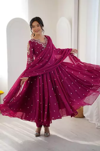 Rani pink mirror & sequence work georgette anarkali suit set