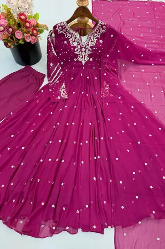 Rani pink mirror & sequence work georgette anarkali suit set