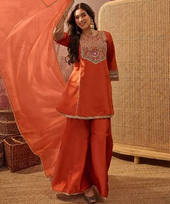 Women's orange crepe embroidered kurta set with dupatta and palazzo 1