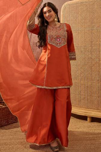 Women's orange crepe embroidered kurta set with dupatta and palazzo