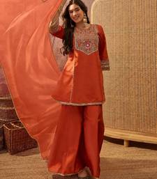 Women's orange crepe embroidered kurta set with dupatta and palazzo
