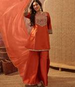 Women's orange crepe embroidered kurta set with dupatta and palazzo