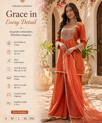Women's orange crepe embroidered kurta set with dupatta and palazzo 2