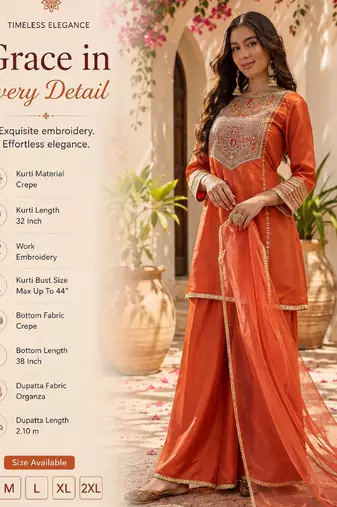 Women's orange crepe embroidered kurta set with dupatta and palazzo