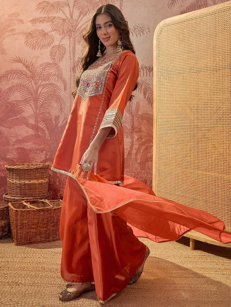 Women's orange crepe embroidered kurta set with dupatta and palazzo