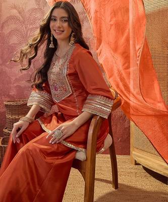 Women's orange crepe embroidered kurta set with dupatta and palazzo 4