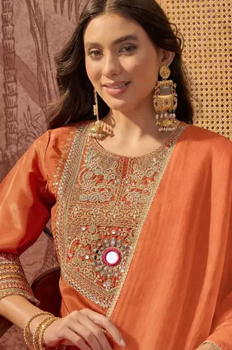 Women's orange crepe embroidered kurta set with dupatta and palazzo