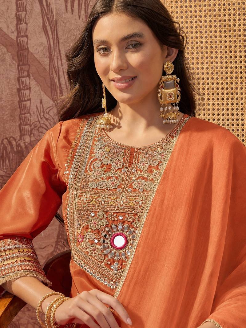 Women's orange crepe embroidered kurta set with dupatta and palazzo