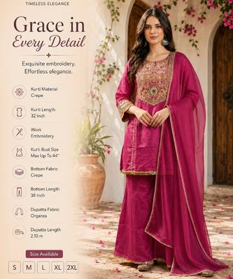 Women's pink crepe embroidered kurta set with dupatta and palazzo 2