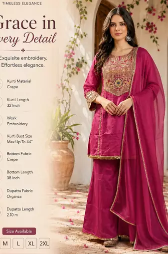 Women's pink crepe embroidered kurta set with dupatta and palazzo