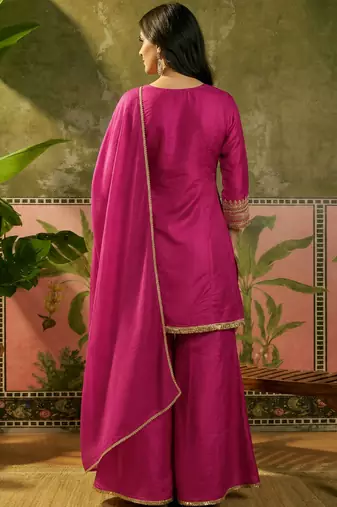 Women's pink crepe embroidered kurta set with dupatta and palazzo