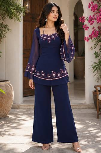 Women's navy blue georgette embroidered kurti set with pant