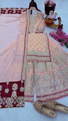 Peach designer embroidered top plazzo dupatta set for party and wedding 3