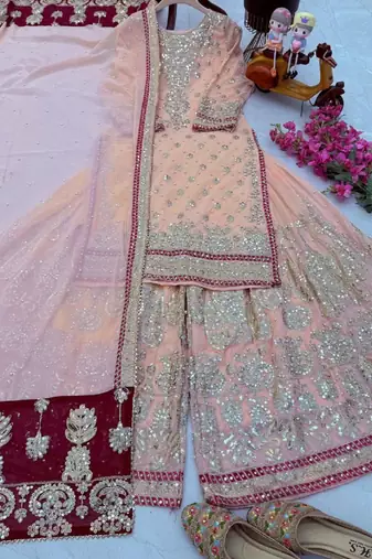 Peach designer embroidered top plazzo dupatta set for party and wedding