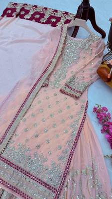 Peach designer embroidered top plazzo dupatta set for party and wedding 4