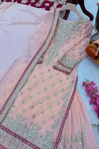 Peach designer embroidered top plazzo dupatta set for party and wedding