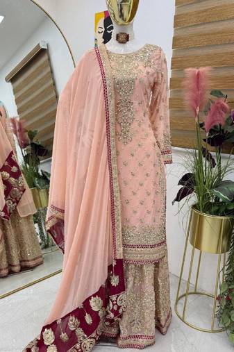 Peach designer embroidered top plazzo dupatta set for party and wedding