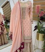Peach designer embroidered top plazzo dupatta set for party and wedding