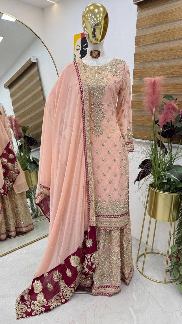 Peach designer embroidered top plazzo dupatta set for party and wedding