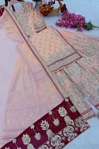 Peach designer embroidered top plazzo dupatta set for party and wedding