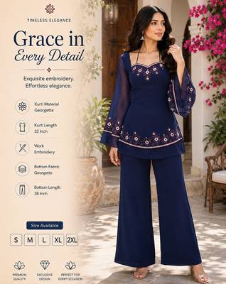 Women's navy blue georgette embroidered kurti set with pant 2