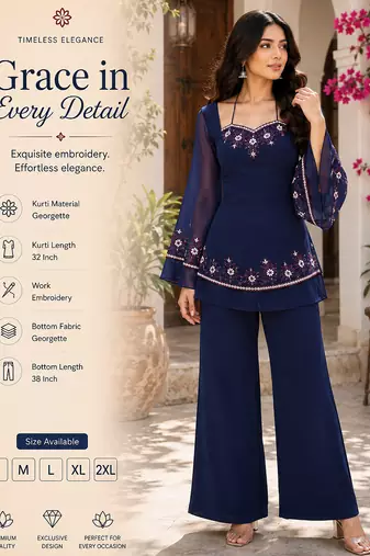 Women's navy blue georgette embroidered kurti set with pant