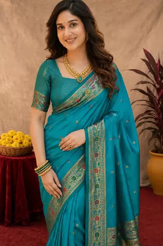 Teal blue soft silk blend banarasi jacuard work pethani saree with unstitched blouse piece
