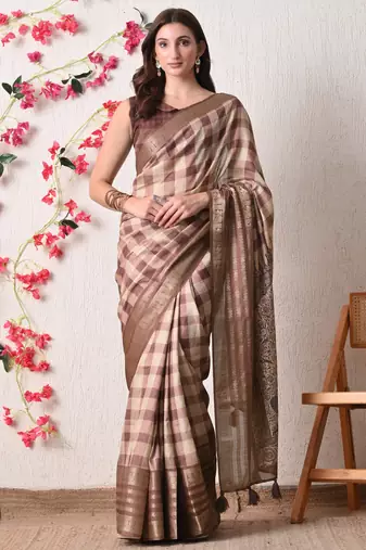 beige cotton blend checks print golden zari woven border saree with unstitched blouse piece