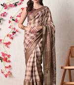 beige cotton blend checks print golden zari woven border saree with unstitched blouse piece