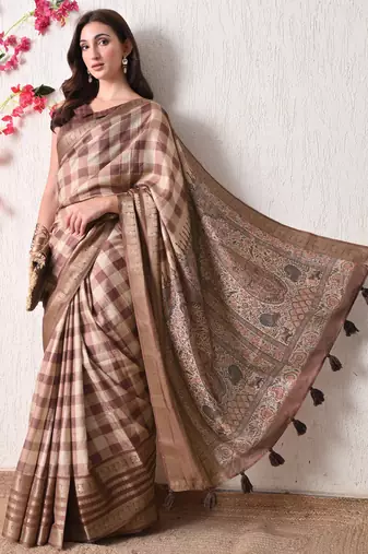 beige cotton blend checks print golden zari woven border saree with unstitched blouse piece