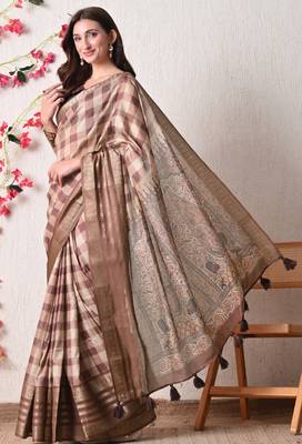 beige cotton blend checks print golden zari woven border saree with unstitched blouse piece 3