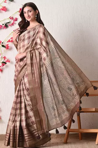 beige cotton blend checks print golden zari woven border saree with unstitched blouse piece