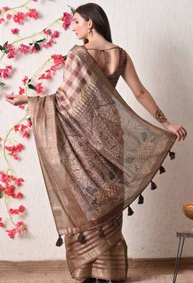 beige cotton blend checks print golden zari woven border saree with unstitched blouse piece 4