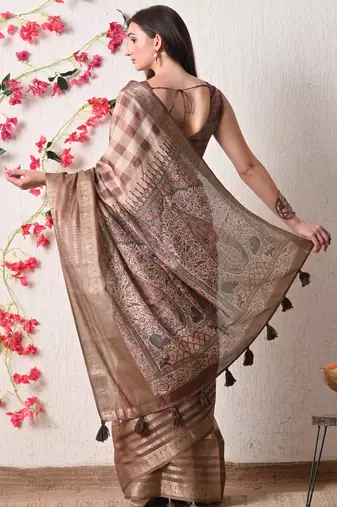beige cotton blend checks print golden zari woven border saree with unstitched blouse piece